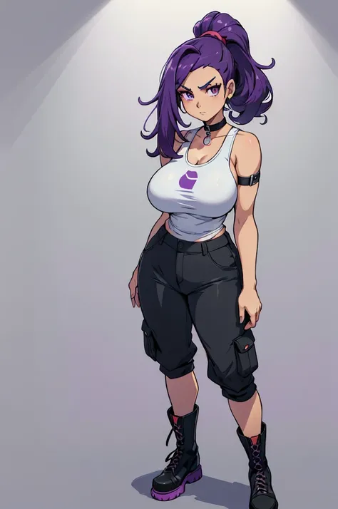 (masterpiece, best quality, high resolution,(pokemon style) ((huge breasts))1 girl, purple hair tied in a very frizzy ponytail, purple eyes, tank top with straps, wide military pants, military boots, choker,( (white background,)), ((full body standing)),
