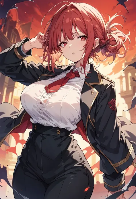 core_9, score_8_up, score_7_up, source_anime, vampire, (Large Breasts:1.3) Wide Hips, black Jacket, white shirt, black pants, red tie, mature, female, blond hair, short tied hair, red eyes