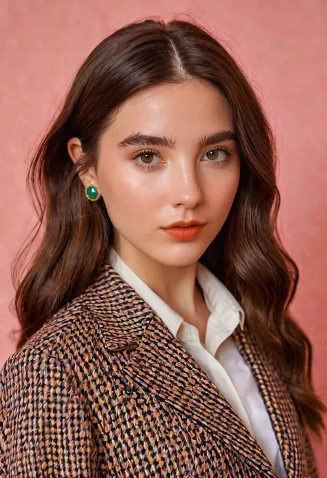 detailed portrait Photo of a beautiful 20yo woman who is an instgram influencer, detailed rich background by Wes Anderson