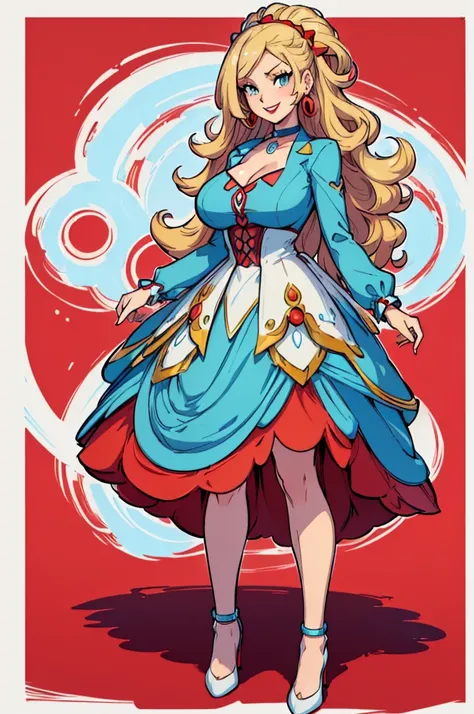 (masterpiece, best quality, high resolution, (pokemon style) ((huge breasts))1 girl, very long and curly blonde hair, light blue eyes, red lips, red long-sleeved dress, red heels, earrings, choker, smile((white background,)) , ((standing with full body)),
