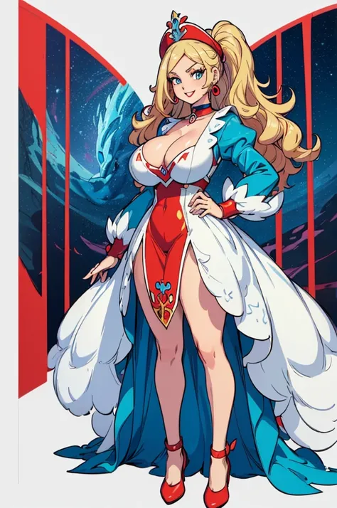 (masterpiece, best quality, high resolution, (pokemon style) ((huge breasts))1 girl, very long and curly blonde hair, light blue eyes, red lips, red long-sleeved dress, red heels, earrings, choker, smile((white background,)) , ((standing with full body)),
