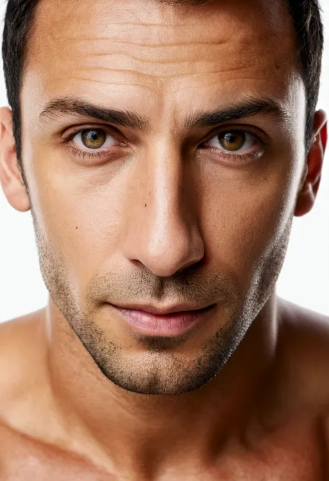 The photo of a portrait of a very attractive and sexy 32-year-old man, he is Brazilian but looks British, his eyes are brown, and he has a very penetrating and captivating gaze., white background