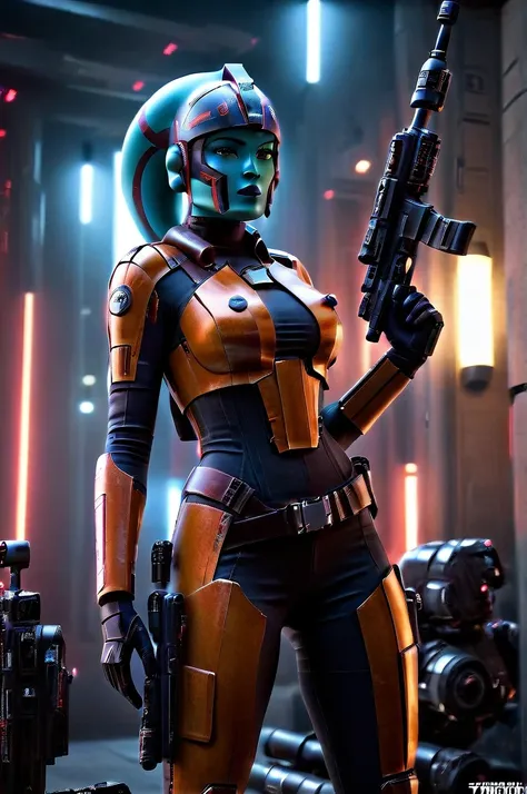 a ((female twi'lek ))mandalorian, detailed futuristic armor, intricate helmet, jetpack, blaster rifle, epic pose, dramatic light...