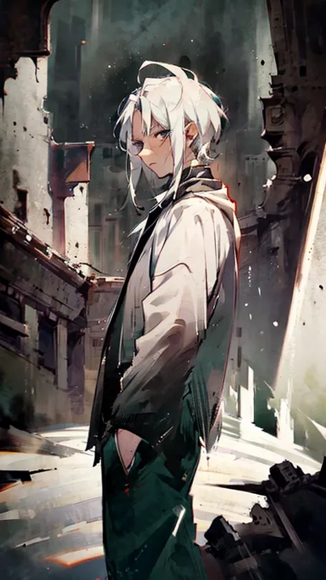 A handsome man with white hair sadness, his face staring at the ground, his body covered in bloodstains, a world in ruins, chaos, background, sadness