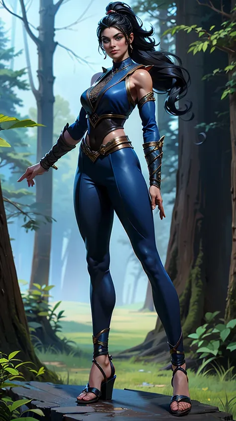 Solo, female, slightly muscular, slightmuscle, big blue eyes, fantasy outfit, forest, pants, cropped jacket, modest clothingBlack hair, Black curly long hair in a ponytail, light eyes, tall and Toned woman, Red and blue outfit Barbarian woman, full body, a...