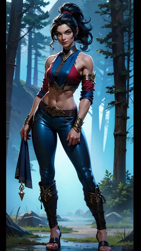 Solo, female, slightly muscular, slightmuscle, big blue eyes, fantasy outfit, forest, pants, cropped jacket, modest clothingBlack hair, Black curly long hair in a ponytail, light eyes, tall and Toned woman, Red and blue outfit Barbarian woman, full body, a...