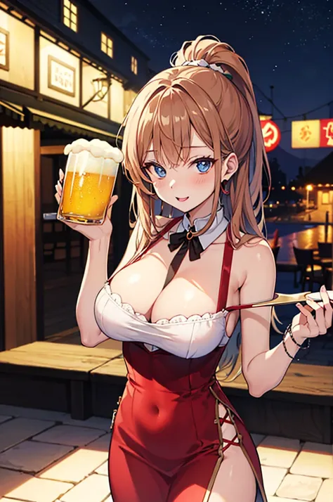 Sexy bartender Bart medieval anime woman, holds big beers in her hands, at night