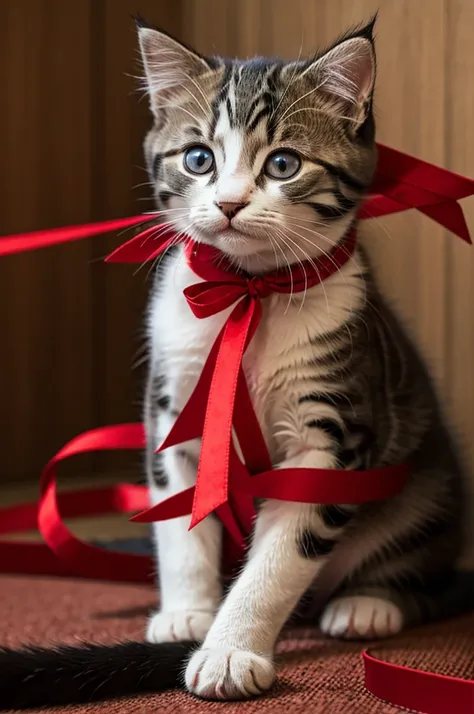 A kitten with a red ribbon