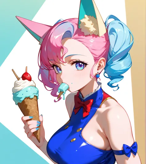 ((Highest quality、、masterpiece:1.3)), Upper Body、Long legs、Sharp focus:1.2, Beautiful woman with perfect figure, 19 years old, large breasts, triple D cup breasts, round buttocks, bubbly buttocks, wide hips, bubbly ass、Sexy pose、(eating ice cream cone)