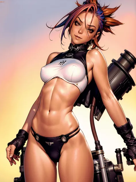 Tank girl with tiny panties and ripped top, crazy face, sarcastic smile, punk hair, mohawk hair, colored hair, slim and well-defined body, Waist slender, nude belly, coxas nuas, Dirty laundry, world after apocalypse, wasteland