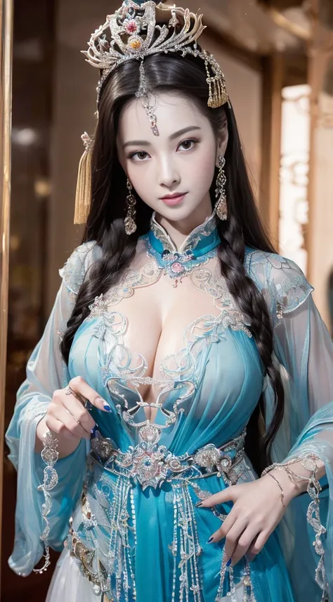 masterpiece, best quality, 1 girl, ((large breasts)， long hair，(siamese transparent black silk)，jewelry on breasts forming conce...