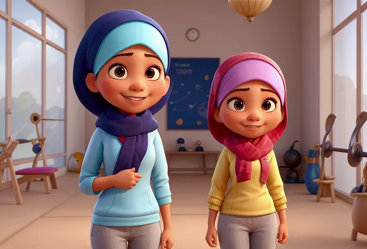 at the sport gym: masterpiece, best quality,pixar: Successful malay female sport,smiling, wearing sport hijab and baju kurung,covered head, ,a moment of pure relaxation,swirly vibrant colors,soft, natural lighting,smooth bokeh effect,oil painting style,Rom...