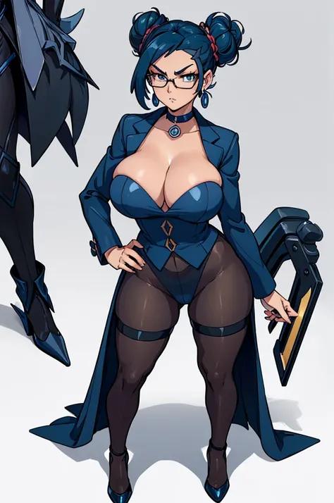 (masterpiece, best quality, high resolution, (pokemon style) ((huge breasts))1 mature woman,dark blue hair tied in a bun, glasses, black business suit, black heels, pantyhose, earrings, choker, cleavage, serious posture ,((white background,)) , ((full body...