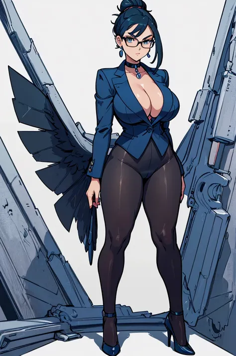 (masterpiece, best quality, high resolution, (pokemon style) ((huge breasts))1 mature woman,dark blue hair tied in a bun, glasses, black business suit, black heels, pantyhose, earrings, choker, cleavage, serious posture ,((white background,)) , ((full body...