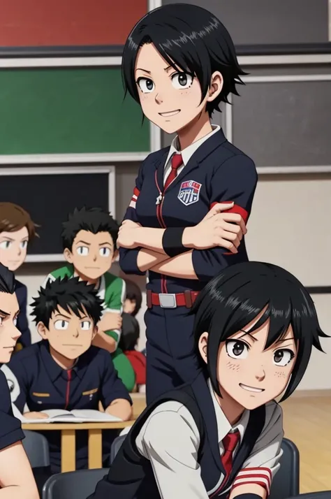 Screenshot my hero academia. Girl with short black hair, big black eyes. He is wearing the UA uniform. In the background it is a classroom