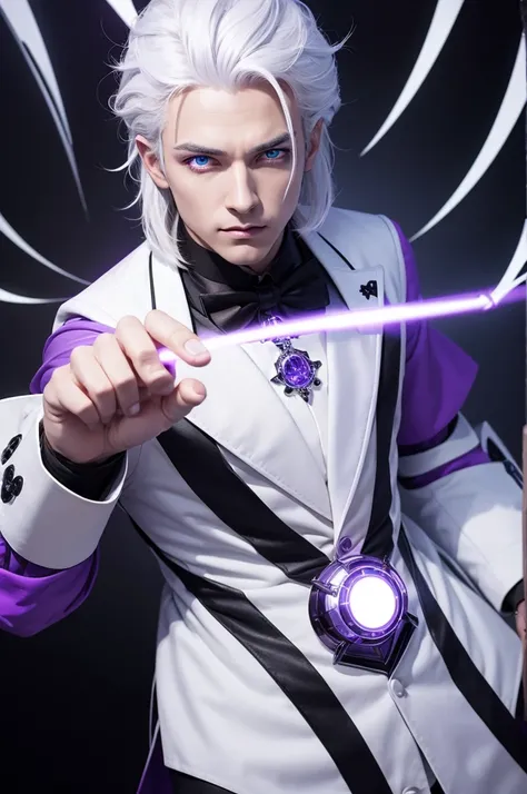 A magician with white hair and purple robotic eyes