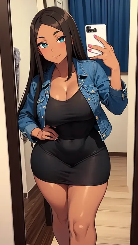 Beautiful brown skin woman, she has brunette layered long hair, she is wearing Black Dress, Denim Jacket, Sneakers, she is taking a selfie in the mirror, seductive pose, thick thighs, hourglass figure
