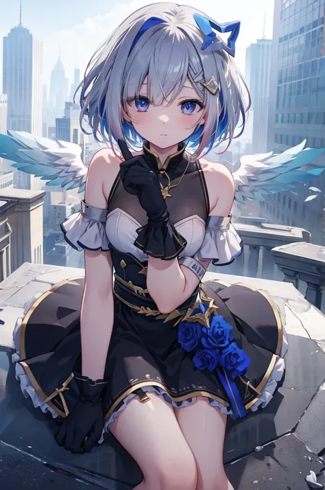 On top of a building、Overlooking the city、A fleeting expression、short hair、Small Wings、Shot from above、Concept Art、masterpiece、high resolution、Small breasts、Initial costume、