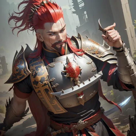 a man in armor with a red mohawk and a sword, inspired by Li Kan, guan yu, inspired by Hu Zaobin, inspired by Huang Shen, inspired by Huang Ding, inspired by Wu Bin, bian lian, inspired by Li Gonglin, chinese three kingdoms, inspired by Li Cheng, genghis k...