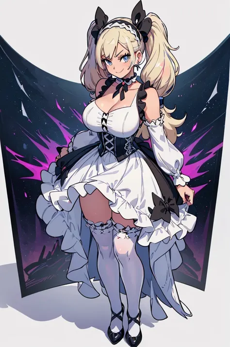 (masterpiece, best quality, high resolution, (pokemon style) ((huge breasts)) 1 girl, platinum blonde hair tied in 2 long pigtails, white ruffled gothic dress, white ruffled stockings, headbands, earrings, white gothic choker, smile, white gothic shoes,((w...