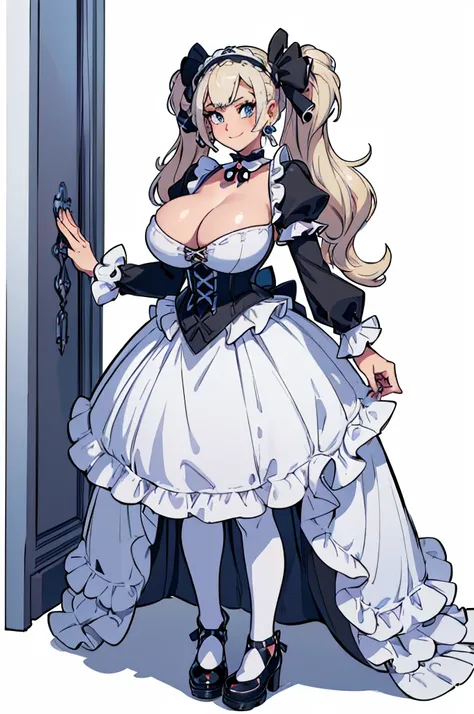 (masterpiece, best quality, high resolution, (pokemon style) ((huge breasts)) 1 girl, platinum blonde hair tied in 2 long pigtails, white ruffled gothic dress, white ruffled stockings, headbands, earrings, white gothic choker, smile, white gothic shoes,((w...