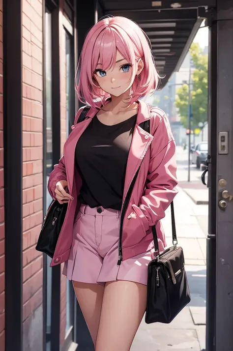 a 20 year old girl with pink hair in a  outfit all happy and shy