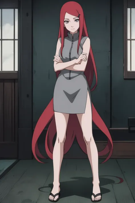 full body, uzumaki kushina, kushina, hair ornament, red hair, hair clip, (grey eyes:1.5), solo, crossed arms, indoors, break (ma...