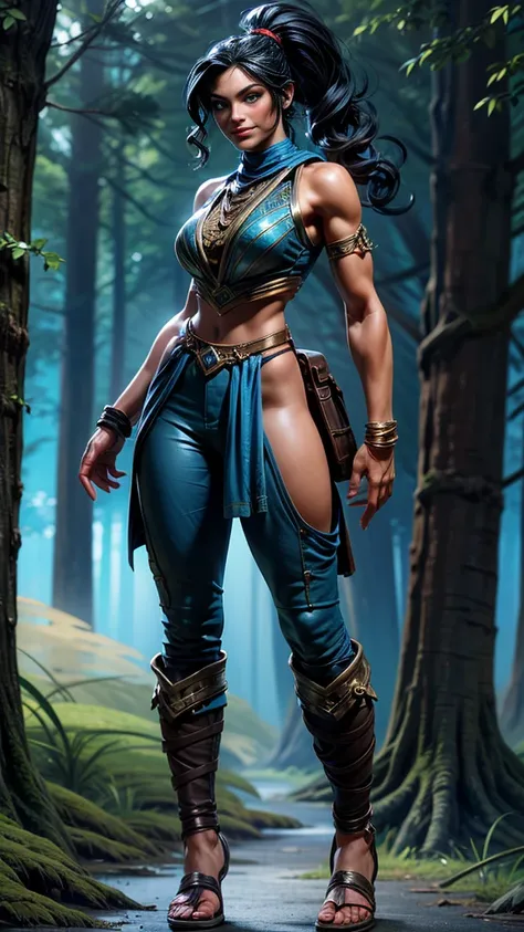 Solo, female, slightly muscular, slightmuscle, big blue eyes, fantasy outfit, forest, pants, cropped jacket, modest clothingBlack hair, Black curly long hair in a ponytail, light eyes, tall and Toned woman, Red and blue outfit Barbarian woman, full body, a...