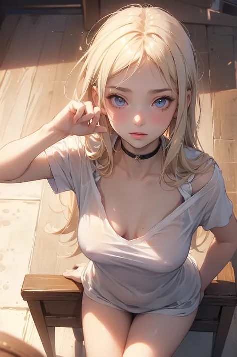 Traditional Media:1.2), (2D:1.2), (Center:1.3), Illustration, (((Masterpiece))), (((16 year old girl))), (((from above))), sitting on chair, blonde hair, highres, absurdres, white background, no bra, photorealistic, lifelike, steamy, blushing, sleeveless, ...