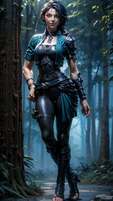 solo, female, slightly muscular, slightmuscle, big blue eyes, fantasy outfit, forest, pants, cropped jacket, modest clothingblac...