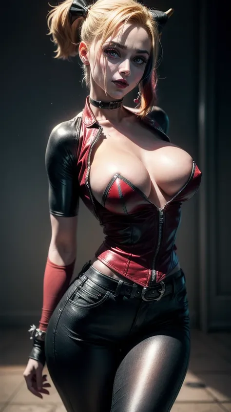 Harley Quinn, (((whole body))),super muscular build and average breasts.,wearing an open black leather vest..,There is a black leather belt at the waist, tight pants, and heavy boots, She has a punk rock look and an asymmetrical bob hairstyle... Harley Qui...