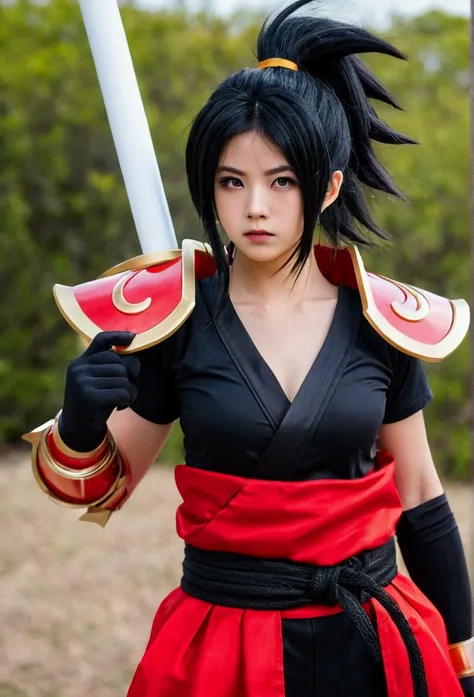 Bewitching 25 year old woman，，Son Goku Cosplay，Red and black armor，Ruyi stick