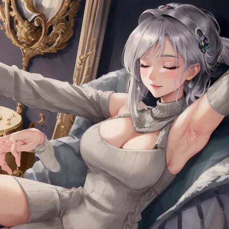 ((best quality)), ((masterpiece)), (detailed), closed eyes, Silver hair, big bust, wide pelvis, happy expression, shot, 1 woman, short sweater, armpit, modern world