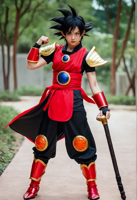 Bewitching 25 year old woman，，Son Goku Cosplay，Red and black armor，Ruyi stick