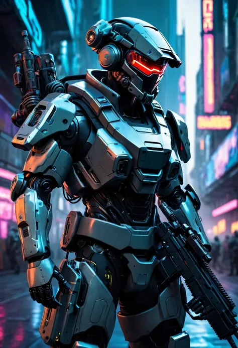 futurism, cyberpunk, soldier in full uniform with a rifle and a robotic arm