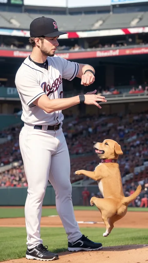 Anthropomorphizing a dog,baseball player,Real,live-action,pitcher,During the game,baseball Ground