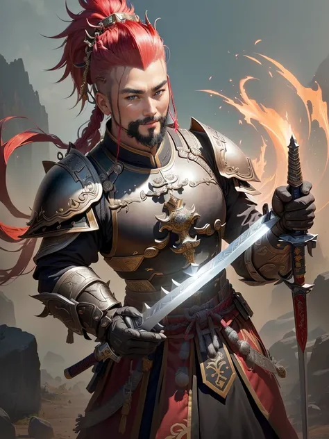 a man in armor with a mohawk and a sword, inspired by Li Kan, guan yu, inspired by Hu Zaobin, inspired by Huang Shen, inspired by Huang Ding, inspired by Wu Bin, bian lian, inspired by Li Gonglin, chinese three kingdoms, inspired by Li Cheng, genghis khan,...