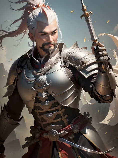 a man in armor with a mohawk and a sword, inspired by Li Kan, guan yu, inspired by Hu Zaobin, inspired by Huang Shen, inspired by Huang Ding, inspired by Wu Bin, bian lian, inspired by Li Gonglin, chinese three kingdoms, inspired by Li Cheng, genghis khan,...