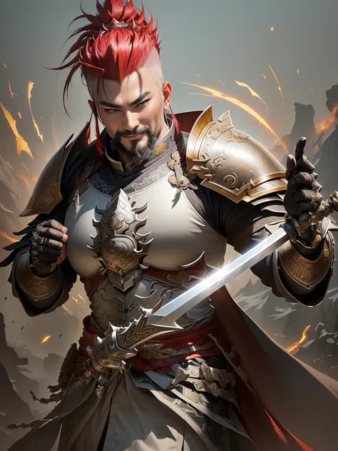 a man in armor with a mohawk and a sword, inspired by Li Kan, guan yu, inspired by Hu Zaobin, inspired by Huang Shen, inspired by Huang Ding, inspired by Wu Bin, bian lian, inspired by Li Gonglin, chinese three kingdoms, inspired by Li Cheng, genghis khan,...