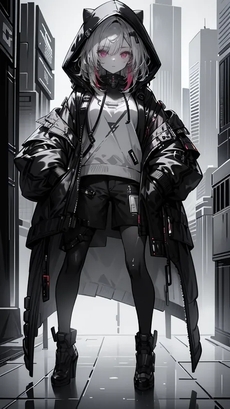 a girl with red hair, cyberpunk, hand in pocket, hoodie, black pointed high heels, detailed face, detailed eyes, detailed lips, ...