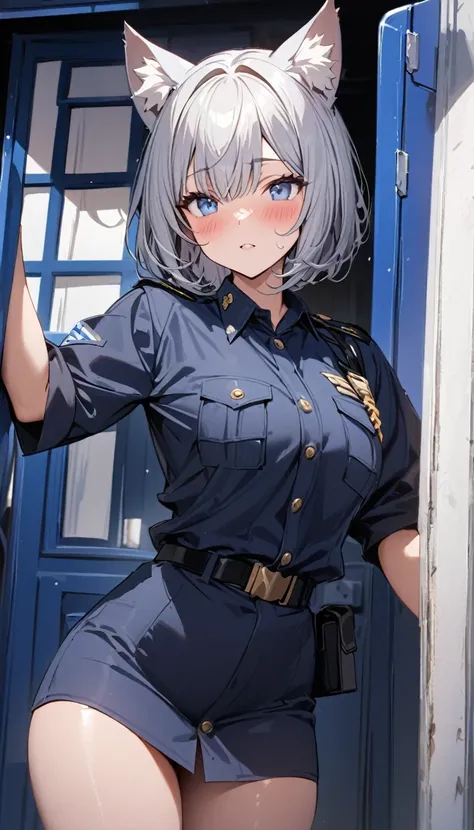 1girl、(((best quality)), ((masterpiece)), (details), masterpiece, best quality, high quality, ulutra detailed, perfect face, ((1girl, Blue eyes, cat ears: 1.3 silver bob hair: 2.5,)) 、Shiny Hair、Glowing Skin、blush、Lustful look、whole body、Police Officer Cos...