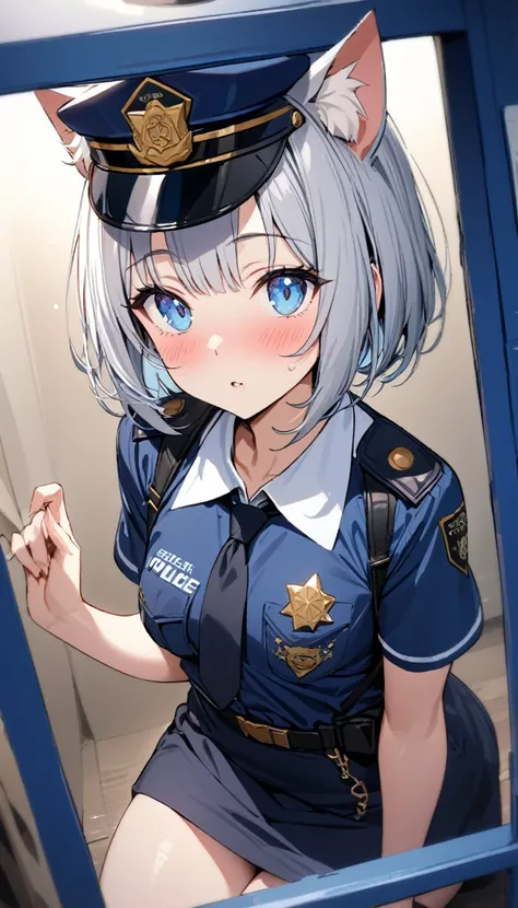 1girl、(((best quality)), ((masterpiece)), (details), masterpiece, best quality, high quality, ulutra detailed, perfect face, ((1girl, Blue eyes, cat ears: 1.3 silver bob hair: 2.5,)) 、Shiny Hair、Glowing Skin、blush、Lustful look、whole body、Police Officer Cos...