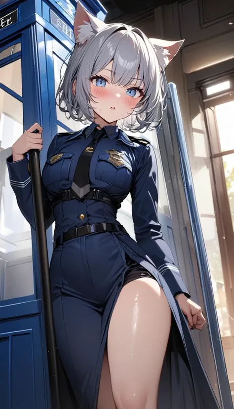 1girl、(((best quality)), ((masterpiece)), (details), masterpiece, best quality, high quality, ulutra detailed, perfect face, ((1girl, Blue eyes, cat ears: 1.3 silver bob hair: 2.5,)) 、Shiny Hair、Glowing Skin、blush、Lustful look、whole body、Police Officer Cos...