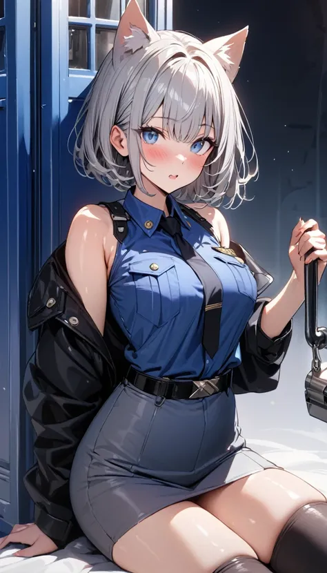 1girl、(((best quality)), ((masterpiece)), (details), masterpiece, best quality, high quality, ulutra detailed, perfect face, ((1girl, Blue eyes, cat ears: 1.3 silver bob hair: 2.5,)) 、Shiny Hair、Glowing Skin、blush、Lustful look、whole body、Police Officer Cos...