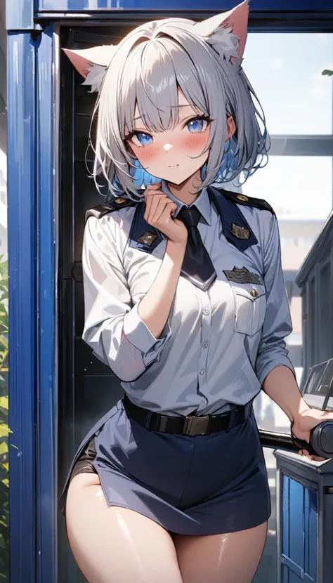 1girl、(((best quality)), ((masterpiece)), (details), masterpiece, best quality, high quality, ulutra detailed, perfect face, ((1girl, Blue eyes, cat ears: 1.3 silver bob hair: 2.5,)) 、Shiny Hair、Glowing Skin、blush、Lustful look、whole body、Police Officer Cos...