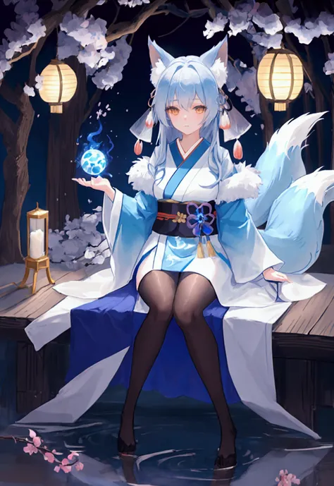 fox Light blue hair 　beast girl　indigo fur　fox beast girl　fox Light blue hair 　beast girl　indigo fur　fox beast girl　Wallpaper 4k,8k,highly detailled,,vivid colors,detailed kitsune with 9 tails,traditional Japanese artwork,tatami floor,beautiful cherry blos...