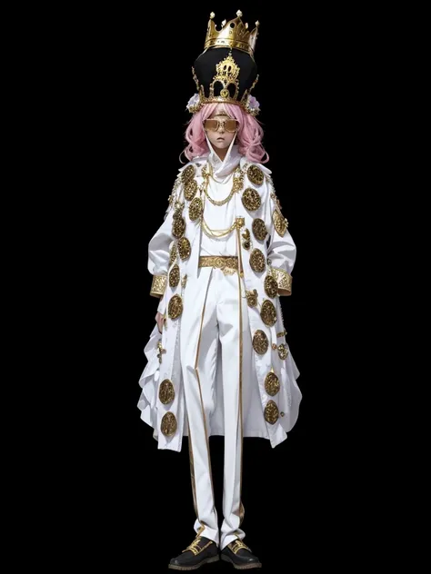 A human skull, with golden crown on head, with white clothes set, with pink glasses