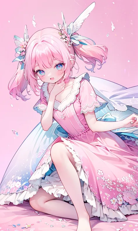 (masterpiece:1.2), best quality, highres, original, (extremely detailed:1.2), ultra-detailed, wallpaper, perfect lighting,(extremely detailed CG:1.2), 8k, 1girl, solo, kawaii, (open the mouth, laughing, happy, twintails, flat chest, pink hair, light-blue e...