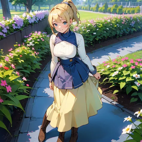 (high quality, High resolution, Very detailed, reality:1.37), Peaceful atmosphere, (Outdoor, garden), Teenage girl standing alone, (my breasts are big.), Beautiful details, Cute Smile, (Blonde Ponytail), Ribbed sweater, Blue Skirt, Black tights, Brown boot...