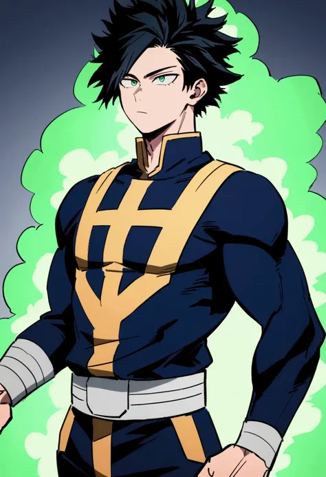 He is a 17 year old teenager, He has slightly disheveled black hair..., somewhat light green eyes, looking straight ahead , muscular body , He is dressed in the anime uniform. "my hero academia", green barrier power